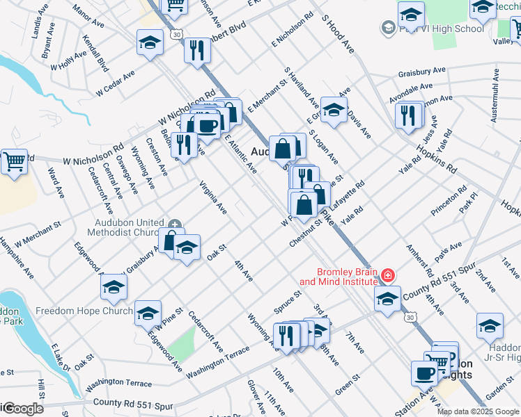 map of restaurants, bars, coffee shops, grocery stores, and more near 113 Oak Street in Audubon