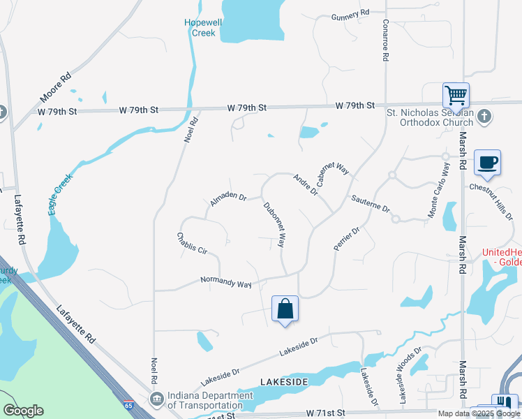 map of restaurants, bars, coffee shops, grocery stores, and more near 7620 Dubonnet Way in Indianapolis