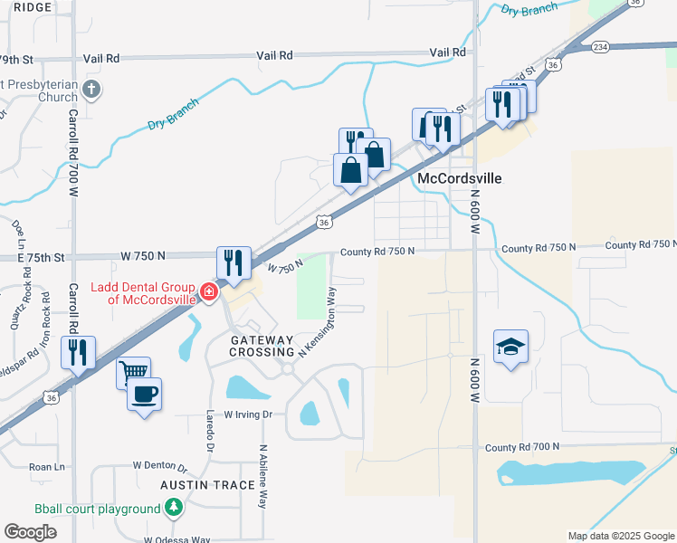 map of restaurants, bars, coffee shops, grocery stores, and more near 7457 North Kensington Way in McCordsville