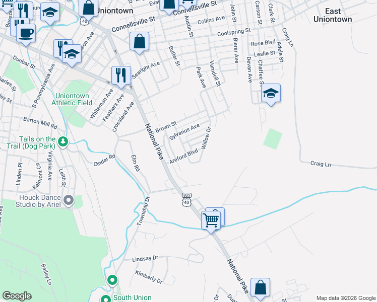 map of restaurants, bars, coffee shops, grocery stores, and more near 73 Redwood Ave in Uniontown