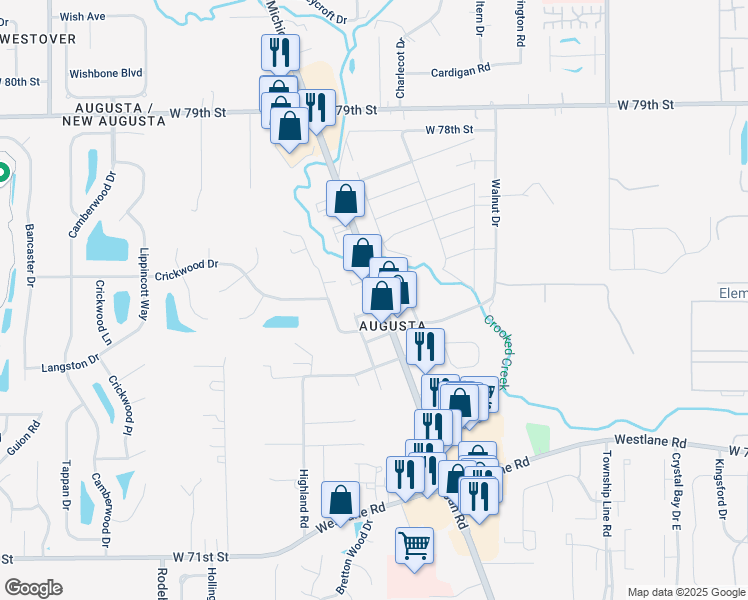 map of restaurants, bars, coffee shops, grocery stores, and more near 7705 North Michigan Road in Indianapolis