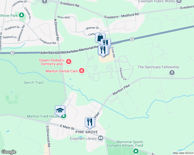 map of restaurants, bars, coffee shops, grocery stores, and more near 296 Vista Drive in Evesham Township