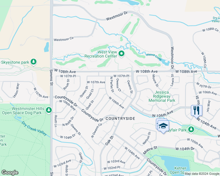 map of restaurants, bars, coffee shops, grocery stores, and more near 10651 North Parfet Street in Westminster