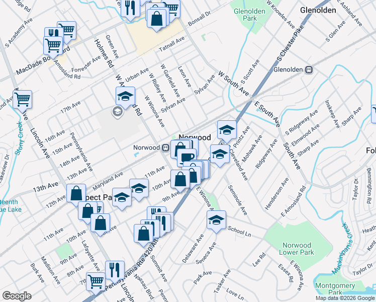 map of restaurants, bars, coffee shops, grocery stores, and more near 39 West Ridley Avenue in Norwood