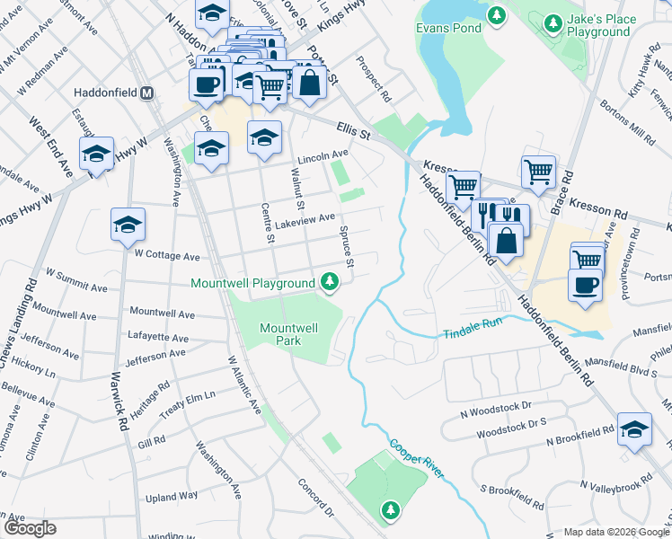 map of restaurants, bars, coffee shops, grocery stores, and more near 308 East Summit Avenue in Haddonfield