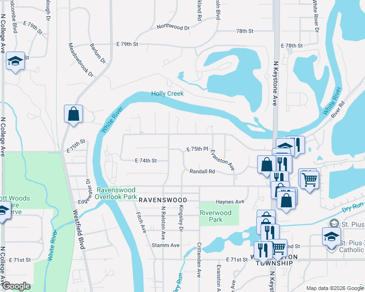 map of restaurants, bars, coffee shops, grocery stores, and more near 1724 Randall Road in Indianapolis