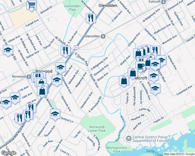 map of restaurants, bars, coffee shops, grocery stores, and more near 612 Sharp Avenue in Glenolden
