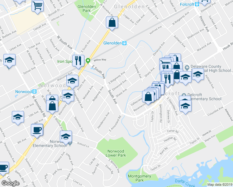 map of restaurants, bars, coffee shops, grocery stores, and more near 612 Sharp Avenue in Glenolden