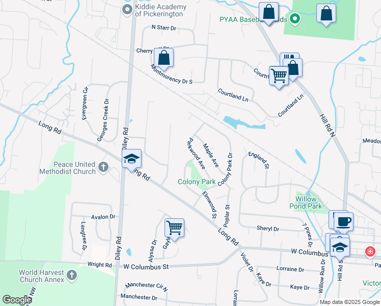 map of restaurants, bars, coffee shops, grocery stores, and more near 295 Parkwood Avenue in Pickerington