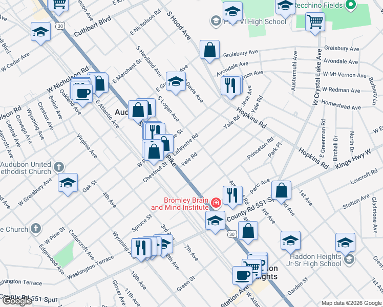 map of restaurants, bars, coffee shops, grocery stores, and more near 33 Yale Road in Audubon