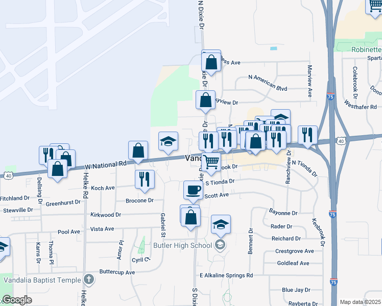 map of restaurants, bars, coffee shops, grocery stores, and more near 101 West National Road in Vandalia
