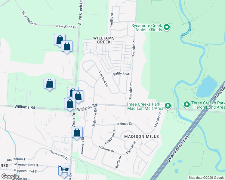map of restaurants, bars, coffee shops, grocery stores, and more near 3828 Pendent Lane in Columbus