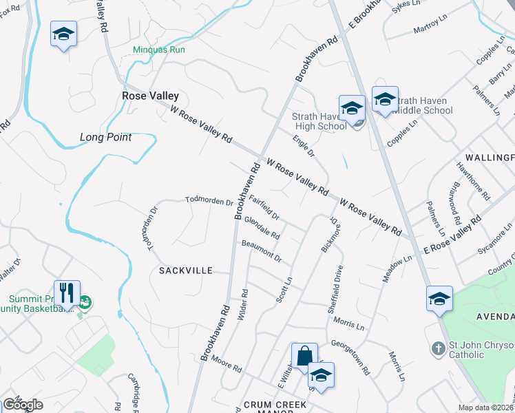 map of restaurants, bars, coffee shops, grocery stores, and more near 205 Fairfield Drive in Nether Providence Township