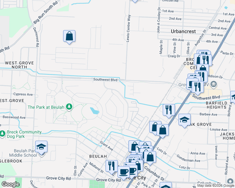 map of restaurants, bars, coffee shops, grocery stores, and more near 3427 Southwest Boulevard in Grove City