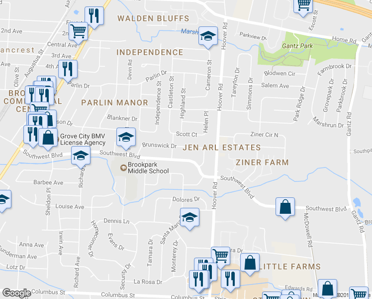 map of restaurants, bars, coffee shops, grocery stores, and more near 2603 Brunswick Drive in Grove City