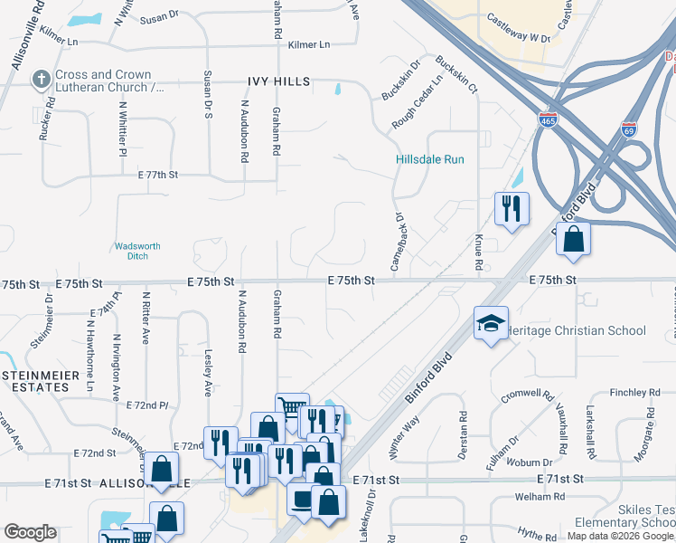 map of restaurants, bars, coffee shops, grocery stores, and more near 5921 Cape Cod Court in Indianapolis
