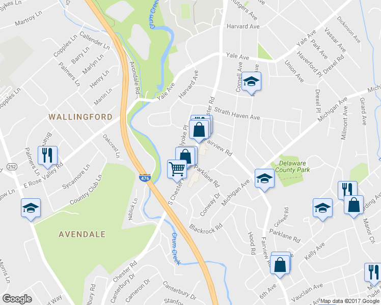 map of restaurants, bars, coffee shops, grocery stores, and more near 640 South Chester Road in Swarthmore