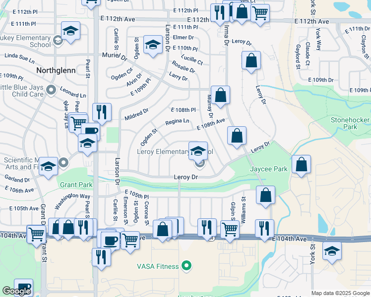map of restaurants, bars, coffee shops, grocery stores, and more near 10753 Loren Lane in Northglenn