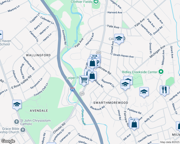 map of restaurants, bars, coffee shops, grocery stores, and more near 640 South Chester Road in Swarthmore