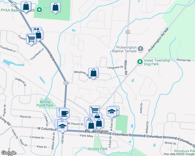 map of restaurants, bars, coffee shops, grocery stores, and more near 435 Meadows Boulevard in Pickerington