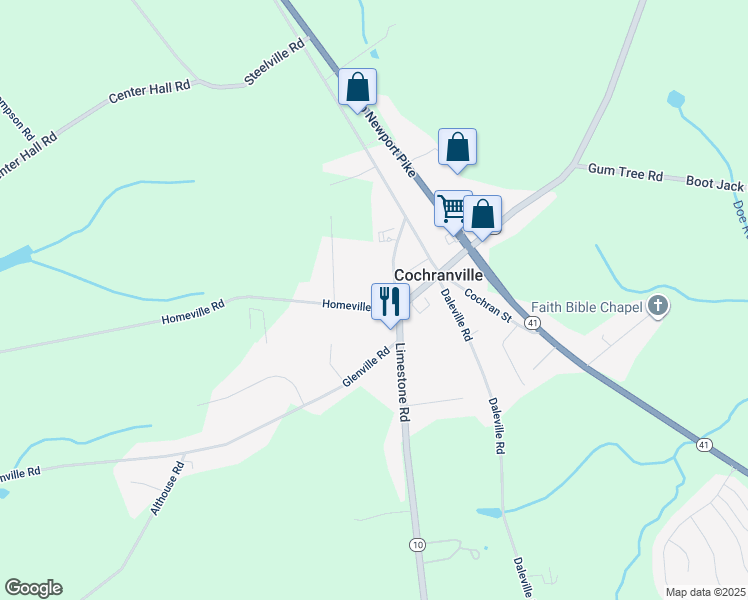 map of restaurants, bars, coffee shops, grocery stores, and more near 55 Homeville Road in Cochranville
