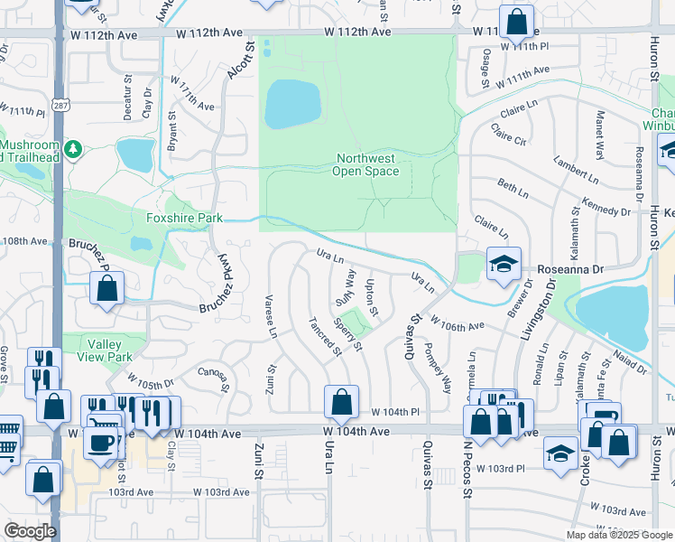 map of restaurants, bars, coffee shops, grocery stores, and more near 10722 Sperry Street in Northglenn