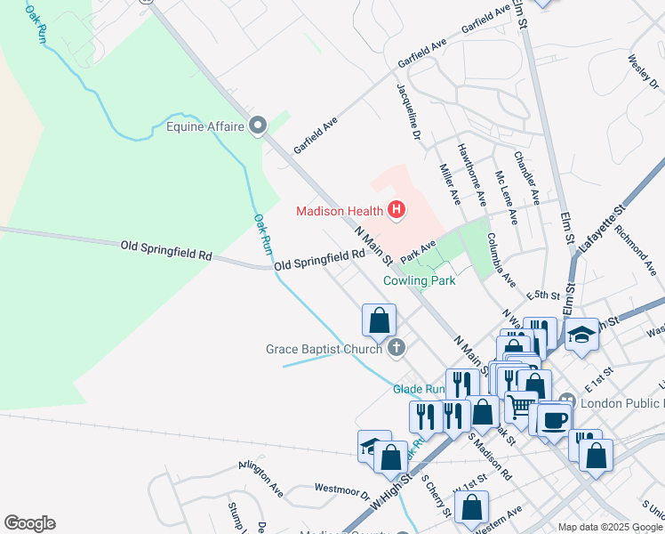 map of restaurants, bars, coffee shops, grocery stores, and more near 208 N Madison Rd in London