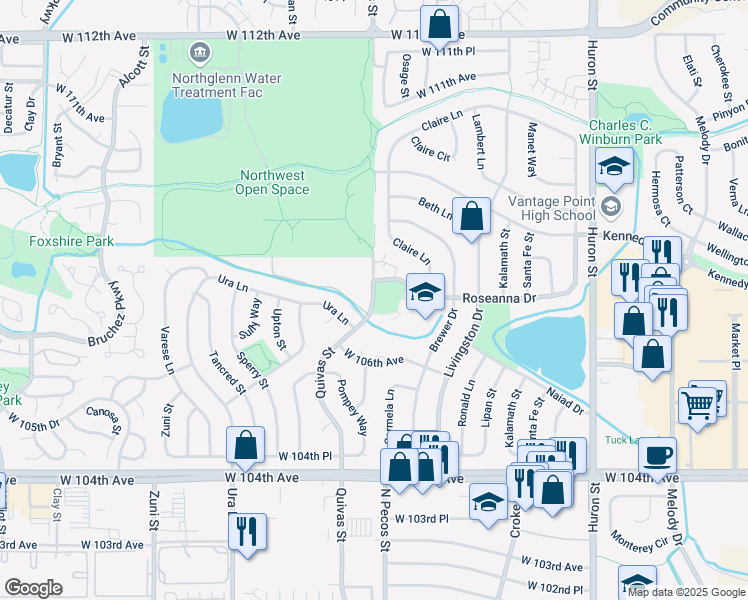 map of restaurants, bars, coffee shops, grocery stores, and more near 10711 North Pecos Street in Northglenn