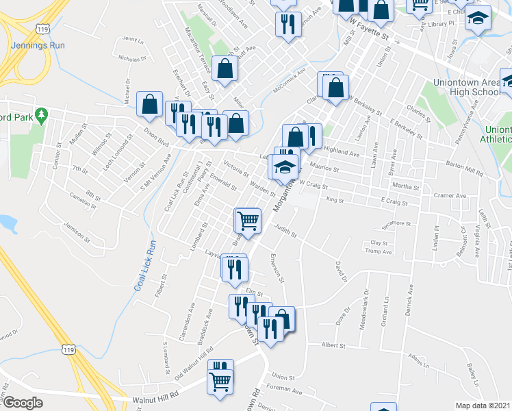 map of restaurants, bars, coffee shops, grocery stores, and more near 397 Braddock Avenue in Uniontown