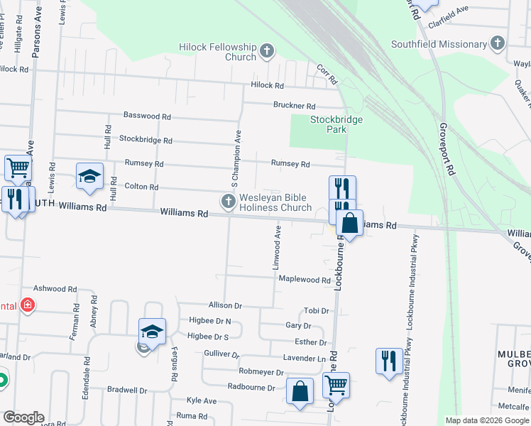 map of restaurants, bars, coffee shops, grocery stores, and more near 1030 Williams Road in Columbus
