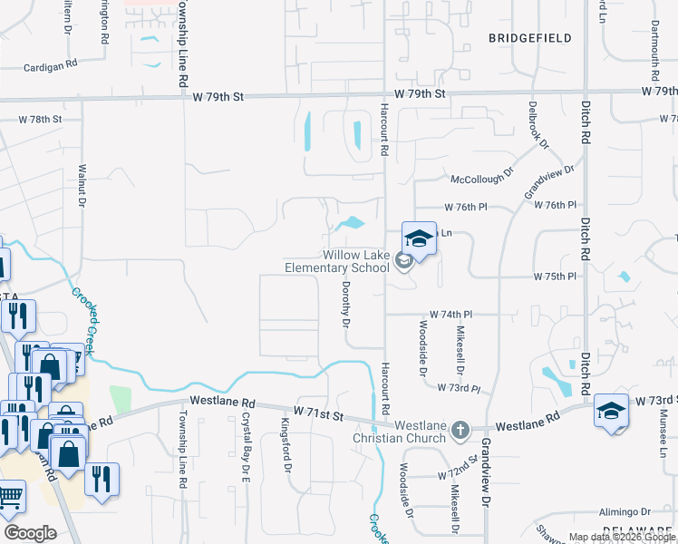 map of restaurants, bars, coffee shops, grocery stores, and more near 2007 West 75th Place in Indianapolis