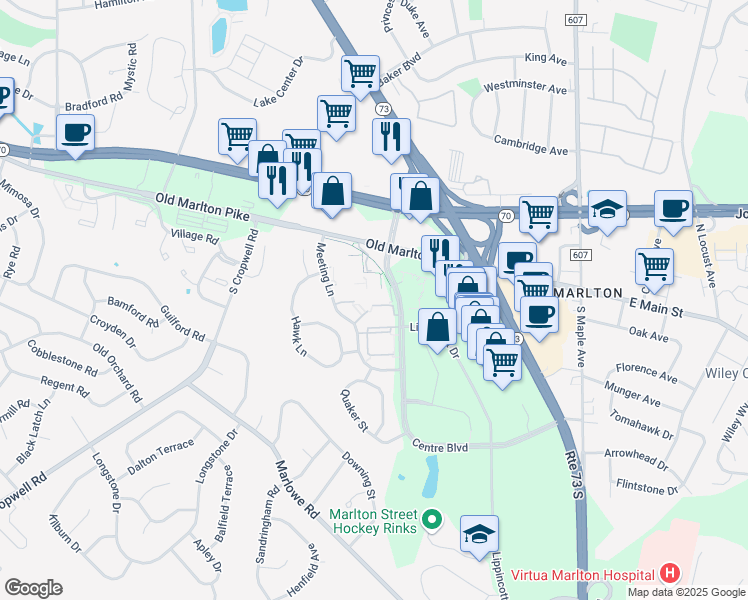 map of restaurants, bars, coffee shops, grocery stores, and more near 198 Hunter Court in Evesham