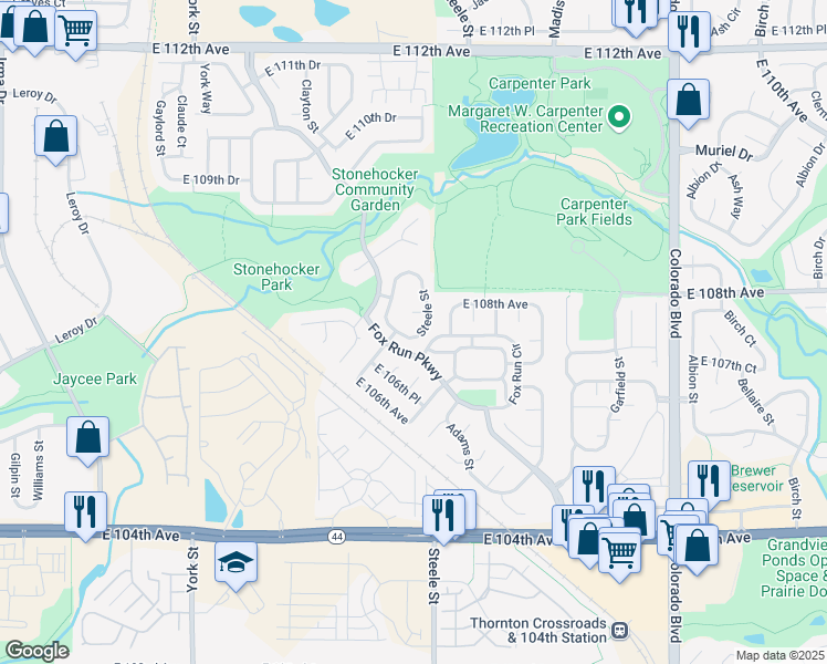 map of restaurants, bars, coffee shops, grocery stores, and more near 10735 Steele Street in Northglenn
