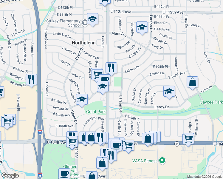 map of restaurants, bars, coffee shops, grocery stores, and more near in Northglenn