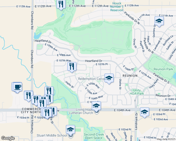 map of restaurants, bars, coffee shops, grocery stores, and more near 10712 Laredo Way in Commerce City