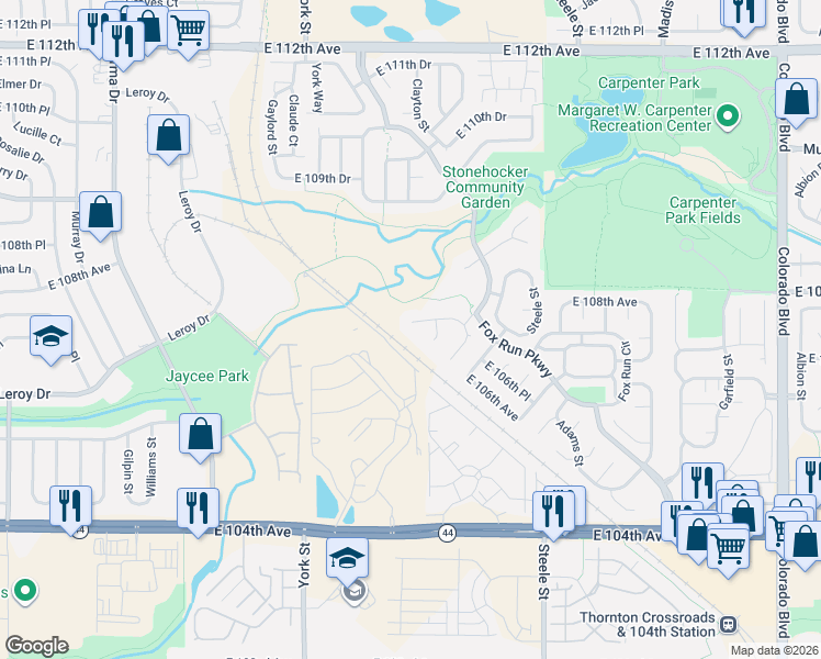 map of restaurants, bars, coffee shops, grocery stores, and more near 2784 East 107th Court in Northglenn