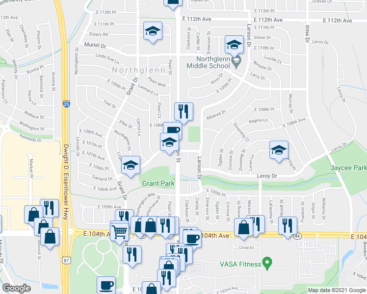 map of restaurants, bars, coffee shops, grocery stores, and more near in Northglenn