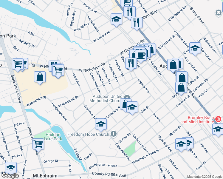 map of restaurants, bars, coffee shops, grocery stores, and more near 118 Oswego Avenue in Audubon