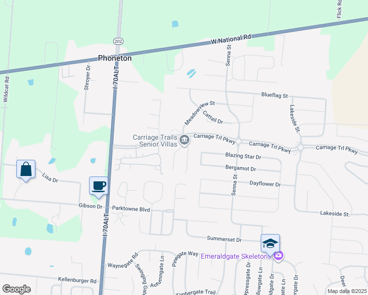 map of restaurants, bars, coffee shops, grocery stores, and more near 1000 Waterside Circle in Tipp City