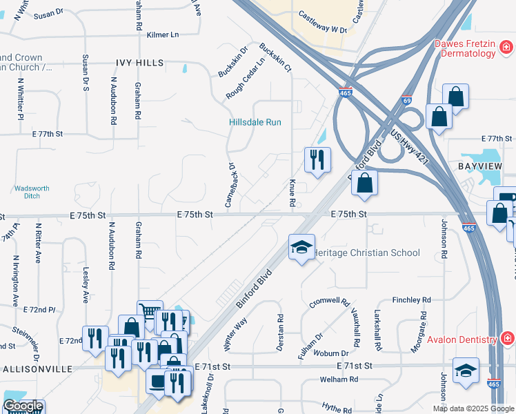 map of restaurants, bars, coffee shops, grocery stores, and more near 7503 Ivywood Circle in Indianapolis