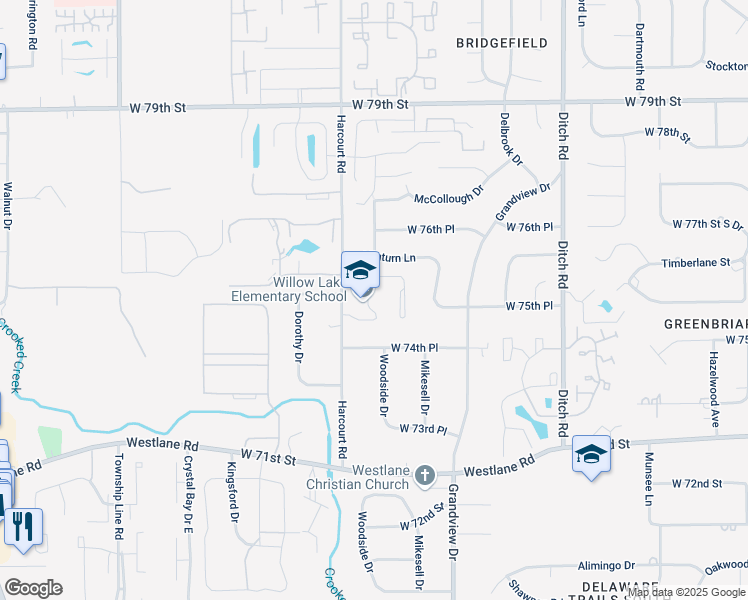 map of restaurants, bars, coffee shops, grocery stores, and more near 7600 Harcourt Road in Indianapolis