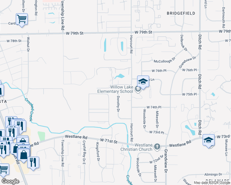 map of restaurants, bars, coffee shops, grocery stores, and more near 2007 West 75th Place in Indianapolis