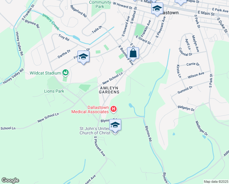 map of restaurants, bars, coffee shops, grocery stores, and more near 645 South Pleasant Avenue in Dallastown