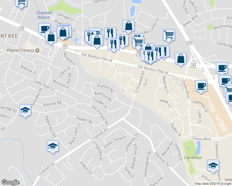 map of restaurants, bars, coffee shops, grocery stores, and more near 645 Guilford Road in Cherry Hill