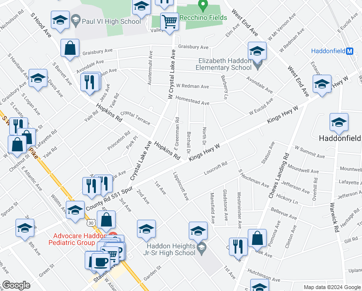 map of restaurants, bars, coffee shops, grocery stores, and more near 717 East Greenman Road in Haddonfield