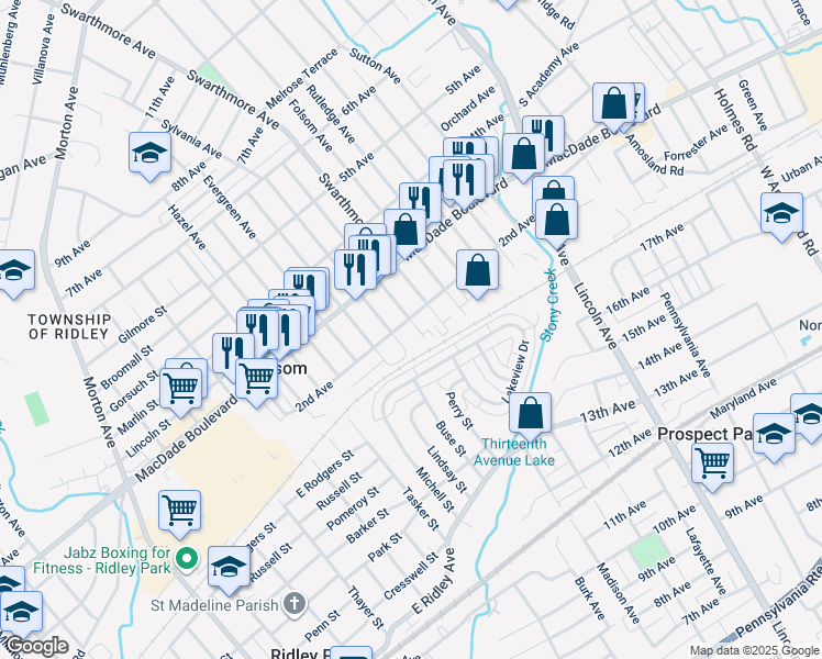map of restaurants, bars, coffee shops, grocery stores, and more near 119 Ridley Avenue in Folsom