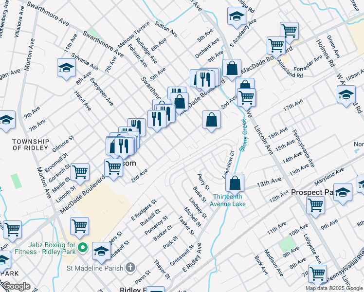 map of restaurants, bars, coffee shops, grocery stores, and more near 119 Ridley Avenue in Folsom