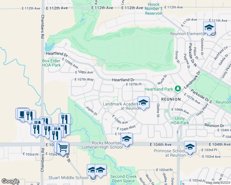 map of restaurants, bars, coffee shops, grocery stores, and more near 10712 Laredo Way in Commerce City