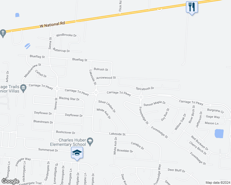 map of restaurants, bars, coffee shops, grocery stores, and more near Benchrock Road in Tipp City