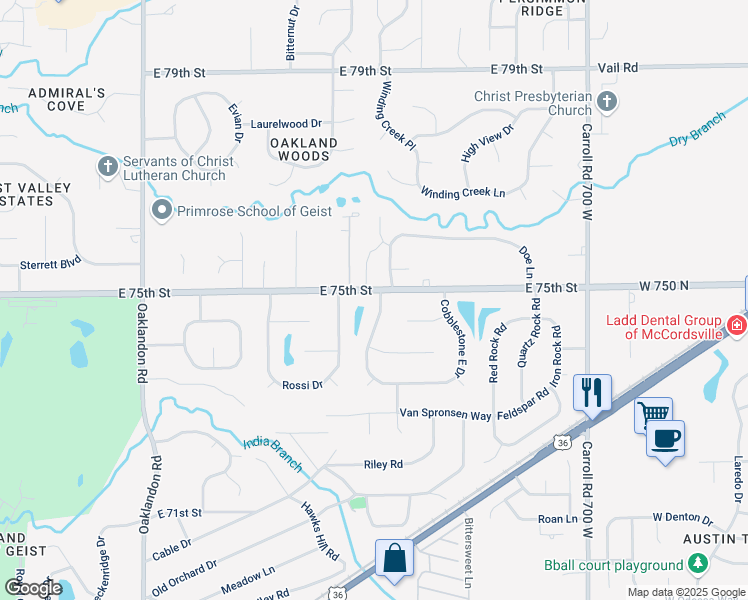 map of restaurants, bars, coffee shops, grocery stores, and more near 7470 Cobblestone West Drive in Indianapolis